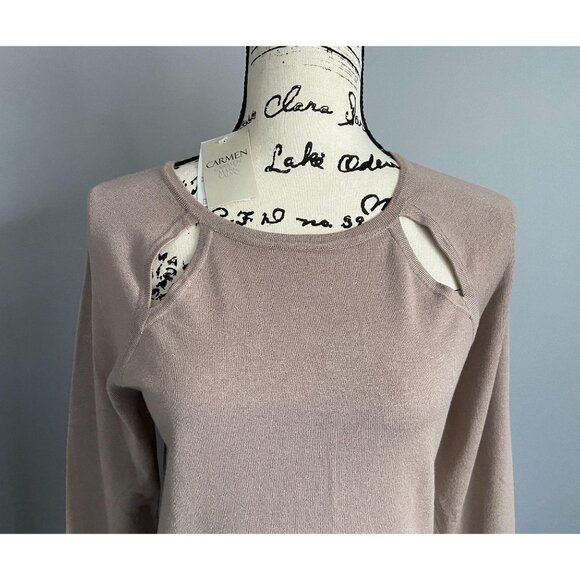 Carmen Marc Valvo Women's Beige Thin Sweater Top Size Medium Chest Slits - Picture 2 of 9